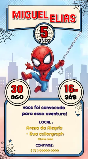 Convite de Aniversário Homem-Aranha Infantil para Editar