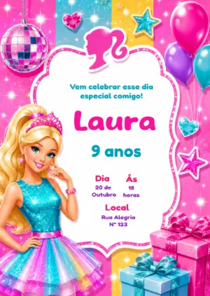 Convite de Aniversário Barbie Editável para Festa Infantil