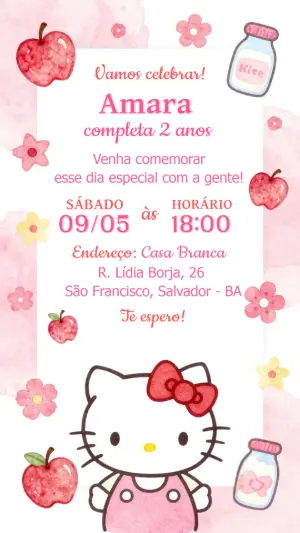 Convite de Aniversário Hello Kitty Rosa Aquarela para Editar