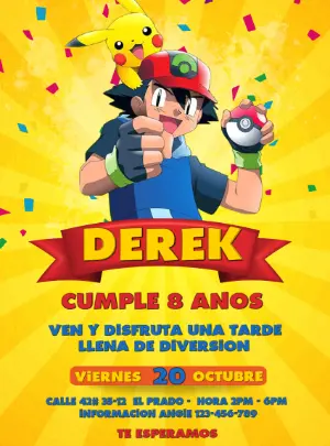 Invitación de Cumpleaños Pokémon con Ash y Pikachu para Editar