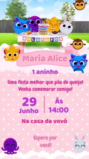 Convite Animado Aniversário Bolofofos para Editar Online