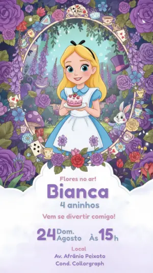Convite Aniversário Alice no País das Maravilhas Floral Editável