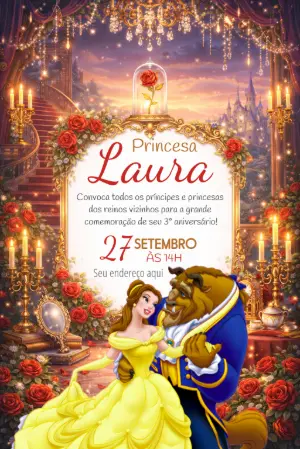 Convite de Aniversário A Bela e a Fera Dourado para Editar