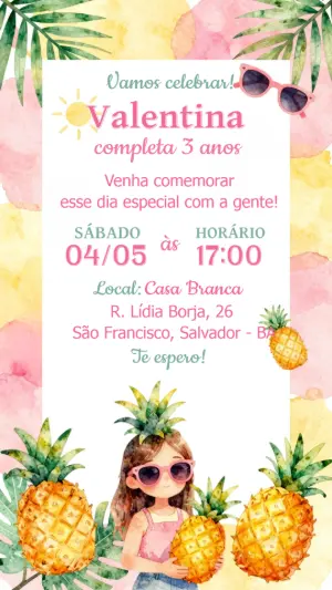 Convite Digital Festa Tropical Aquarela Abacaxi Editável