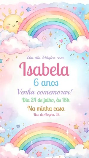 Convite de Aniversário Arco-íris Aquarela Fofo para Editar