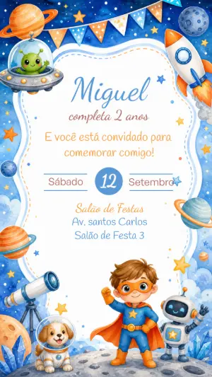 Convite Aniversário Super-Herói no Espaço Editável