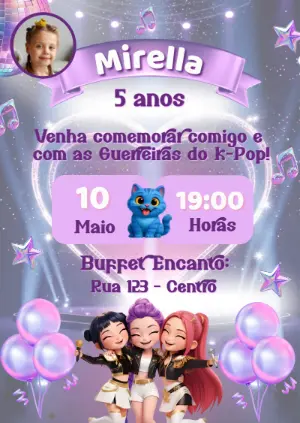 Convite de Aniversário Guerreiras K-Pop com Foto para Editar
