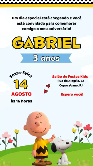 Convite Animado Aniversário Snoopy e Charlie Brown para Editar