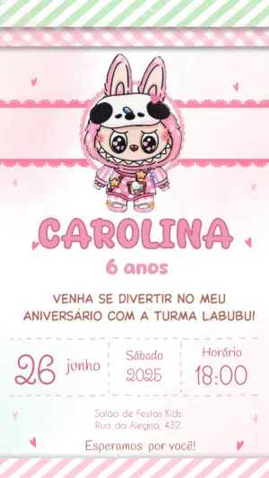 Convite de Aniversário Labubu Rosa para Editar Online