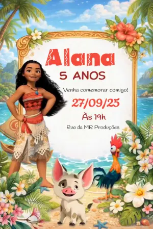 Convite Animado de Aniversário Moana Tropical Editável