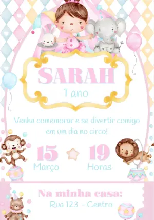 Convite de Aniversário Circo Rosa Aquarela Editável