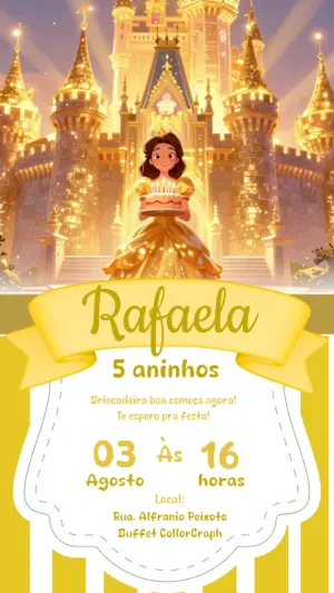Convite Aniversário Princesa e Castelo Dourado para Editar