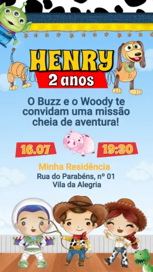 Convite de Aniversário Toy Story Editável para Menino