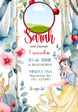 Convite Branca de Neve Aquarela com Foto para Editar