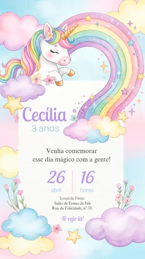 Convite de Aniversário Unicórnio Aquarela para Editar