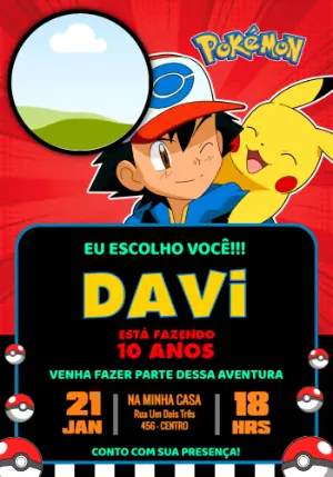 Convite de Aniversário Pokémon com Foto Editável