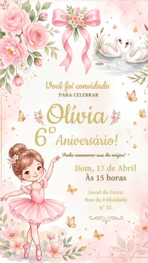 Convite de Aniversário Bailarina Aquarela Rosa Editável