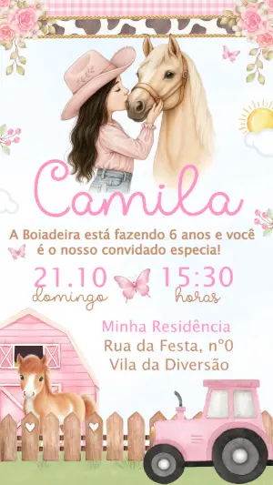 Convite de Aniversário Fazendinha Rosa Cowgirl para Editar
