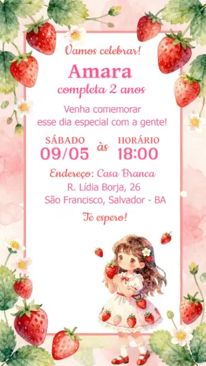 Convite de Aniversário Moranguinho Aquarela para Editar