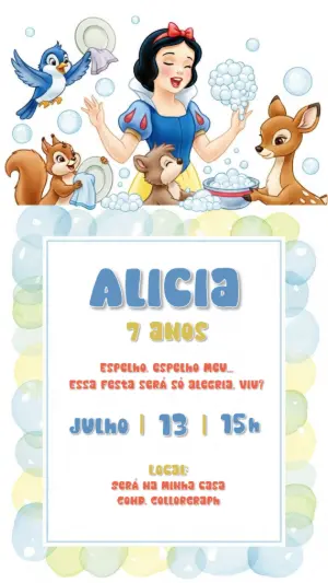 Convite de Aniversário Branca de Neve com Animais para Editar
