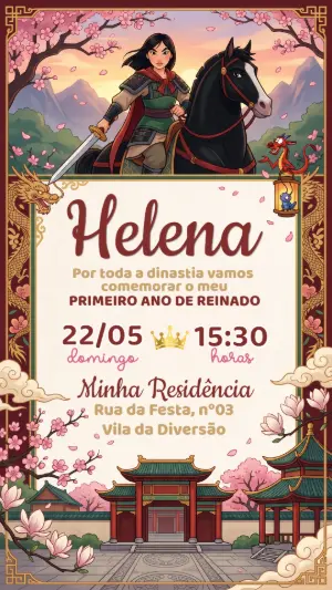 Convite de Aniversário Mulan Guerreira Editável para Festa