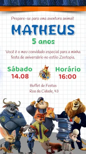 Convite de Aniversário Zootopia Digital para Editar e Imprimir
