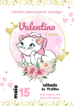 Convite Aniversário Gatinha Marie Rosa e Dourado para Editar