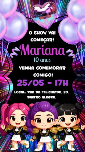 Convite de Aniversário K-Pop Cute com Guerreiras para Editar
