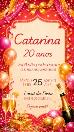 Convite de Aniversário Adulto Glamour Vermelho e Dourado Editável
