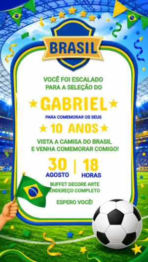 Convite Digital Aniversário Tema Brasil Futebol para Editar