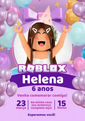 Convite de Aniversário Roblox Menina Roxo e Rosa Editável