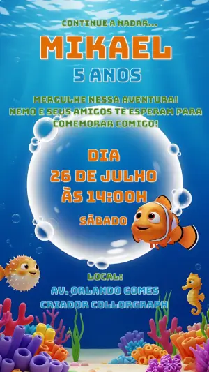 Convite Aniversário Procurando Nemo para Editar Online