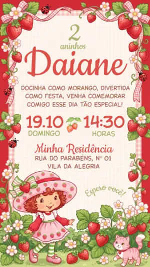 Convite de Aniversário Moranguinho Clássico para Editar
