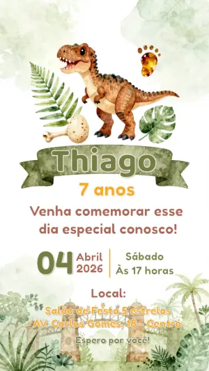 Convite de Aniversário Dinossauro Aquarela para Editar