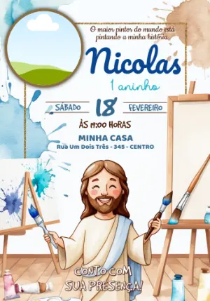 Convite Aniversário Jesus Pintor Aquarela com Foto Editável