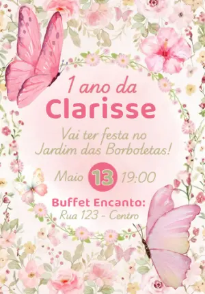 Convite de Aniversário Jardim das Borboletas Aquarela Editável