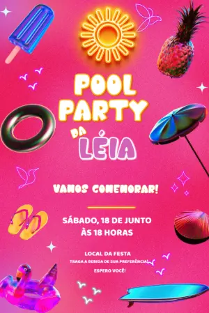 Convite Animado Aniversário Pool Party Neon para Editar Online