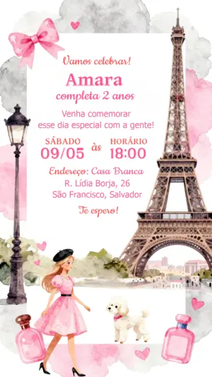 Convite de Aniversário Tema Paris Rosa Aquarela para Editar