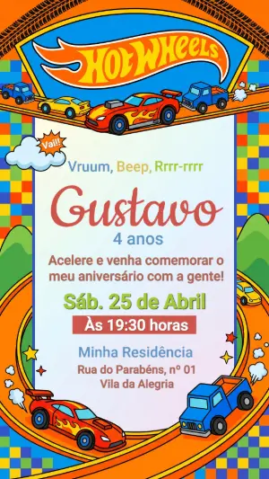 Convite de Aniversário Hot Wheels Editável para Festa Infantil