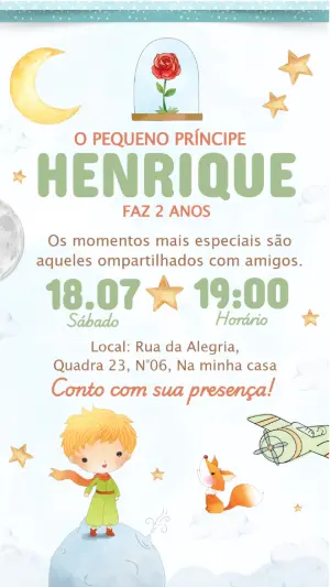 Convite de Aniversário Pequeno Príncipe Aquarela para Editar