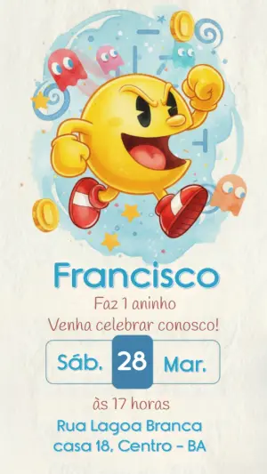 Convite de Aniversário Pac-Man Estilo Aquarela para Editar