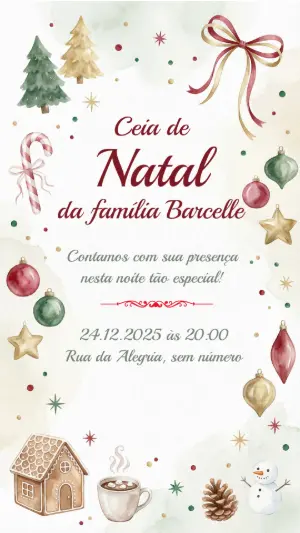 Convite Digital para Ceia de Natal Aquarelado para Editar