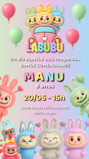 Convite de Aniversário Labubu com Personagens Fofos para Editar