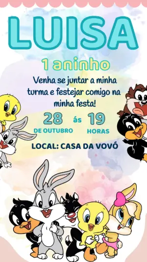 Convite de Aniversário Looney Tunes Baby Colorido para Editar