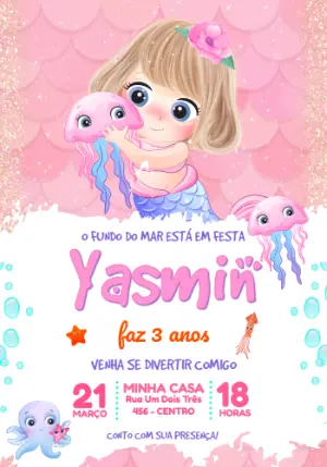 Convite Digital Sereia Aquarela Rosa Editável
