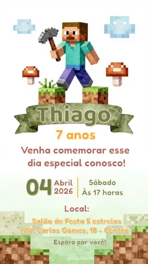 Convite de Aniversário Minecraft Pixelado para Editar Online