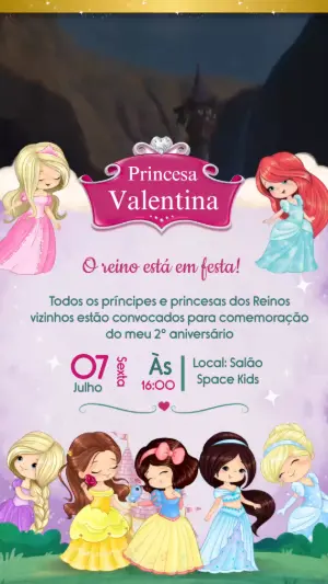Convite Animado Aniversário Princesas para Editar Online