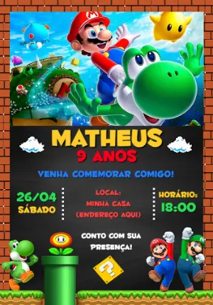 Convite Aniversário Super Mario e Yoshi para Editar Online