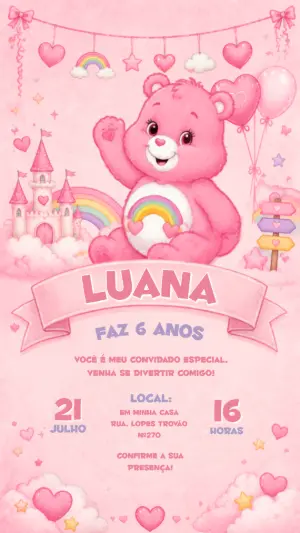 Convite de Aniversário Ursinhos Carinhosos Rosa Editável