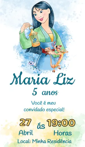 Convite de Aniversário Mulan Aquarela Editável
